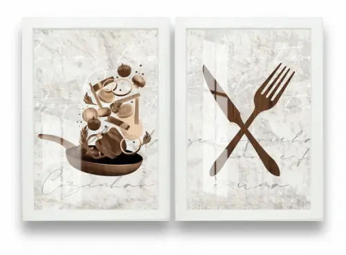 Kit 2 Quadros Decorativos Para Cozinha Com Moldura e Vidro