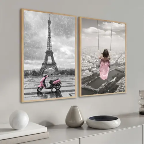 Kit 2 Quadros Decorativos Paris Torre Eiffel França Moldura