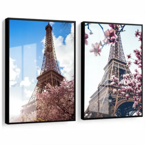 Kit 2 Quadros Decorativos Paris Torre Eiffel Moldura e Vidro