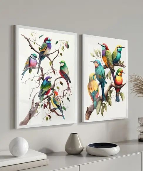 Kit 2 Quadros Decorativos Pássaros Coloridos Moldura Vidro
