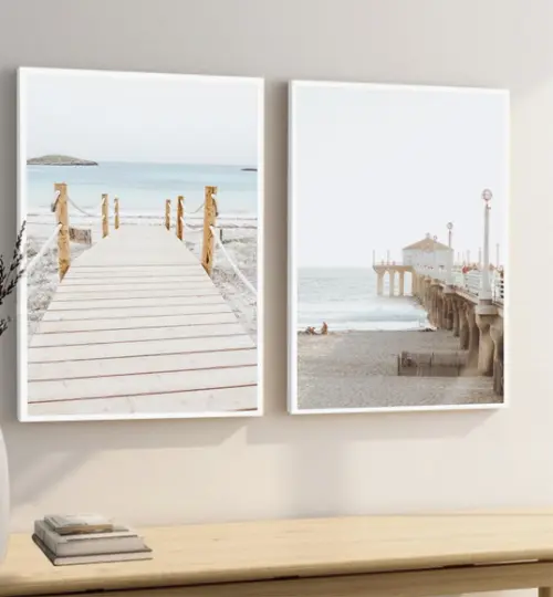 Kit 2 Quadros Decorativos Paisagem Praia Mar Com Moldura