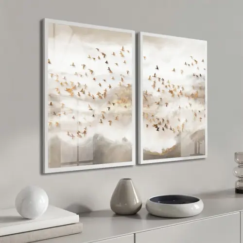 Kit 2 Quadros Decorativos Pássaros Dourados Moldura e Vidro