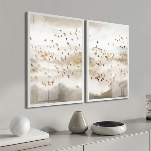 Kit 2 Quadros Decorativos Pássaros Dourados Moldura e Vidro