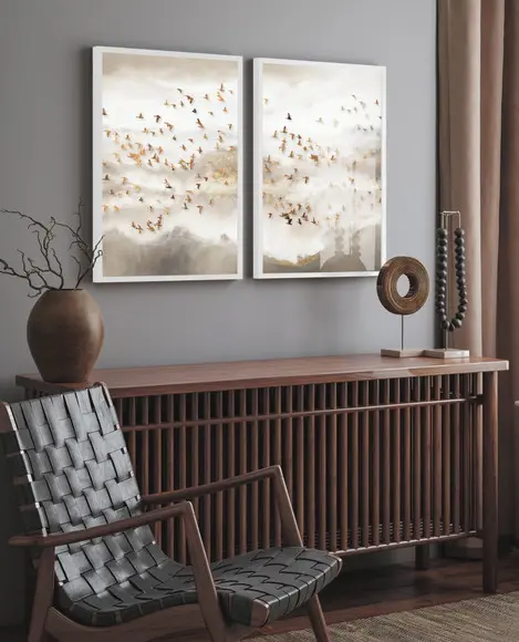 Kit 2 Quadros Decorativos Pássaros Dourados Moldura e Vidro