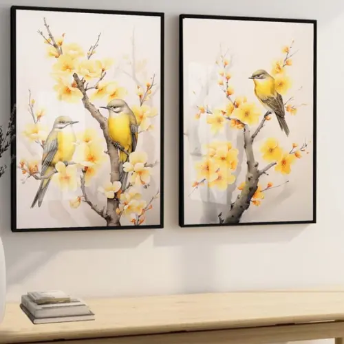 Kit 2 Quadros Decorativos Pássaros Flores Amarela com Vidro