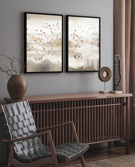 Kit 2 Quadros Decorativos Pássaros Dourados Moldura Vidro