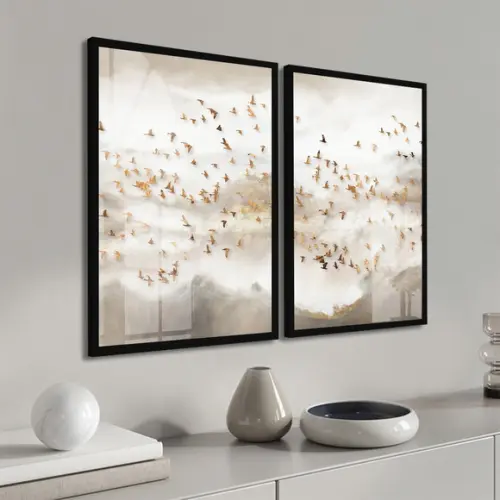 Kit 2 Quadros Decorativos Pássaros Dourados Moldura Vidro