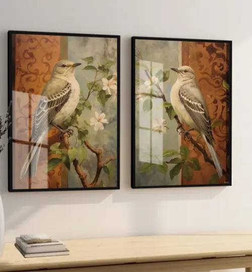 Kit 2 Quadros Decorativos Pássaros Flores Moderno Luxo Vidro