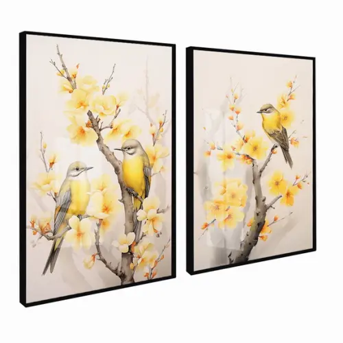 Kit 2 Quadros Decorativos Pássaros Flores Amarela com Vidro