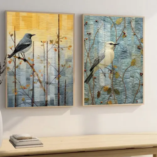Kit 2 Quadros Decorativos Pássaros Modernos Moldura e Vidro