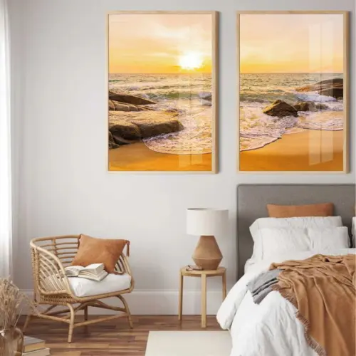 Kit 2 Quadros Decorativos Pôr Do Sol Paisagem Moldura Vidro