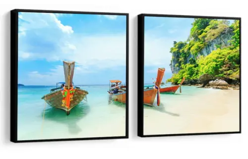 Kit 2 Quadros Decorativos Praia Barcos Paisagem Com Molduras