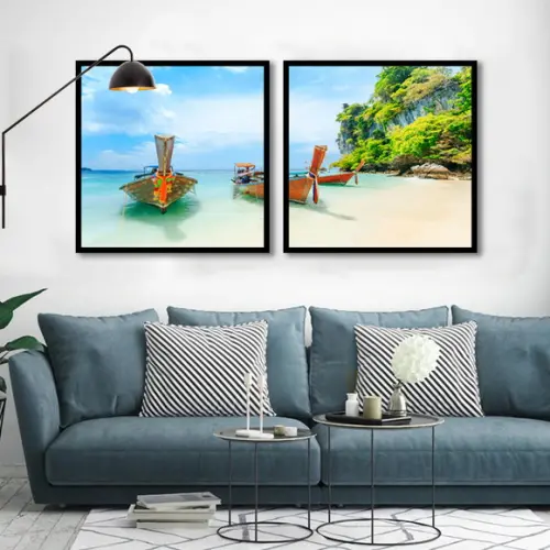 Kit 2 Quadros Decorativos Praia Barcos Paisagem Com Molduras