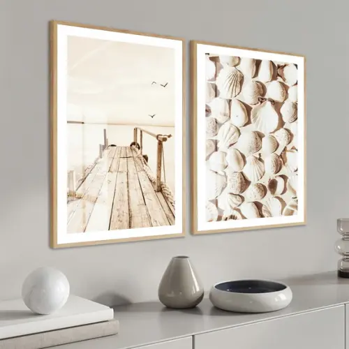 Kit 2 Quadros Decorativos Praia Deck Boho Moldura e Vidro