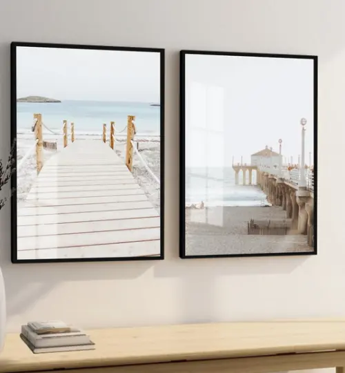 Kit 2 Quadros Decorativos Praia Deck Paisagem Moldura Vidro