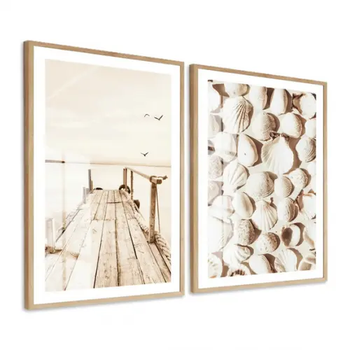 Kit 2 Quadros Decorativos Praia Deck Boho Moldura e Vidro