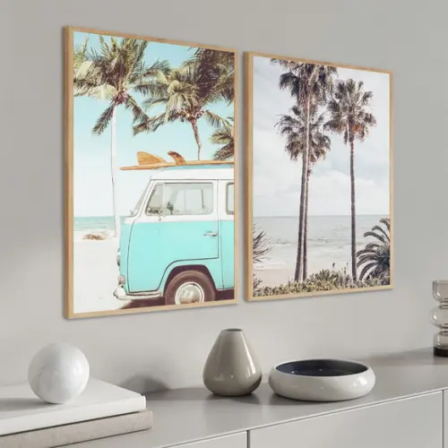 Kit 2 Quadros Decorativos Praia Mar Paisagem Kombi Moldura