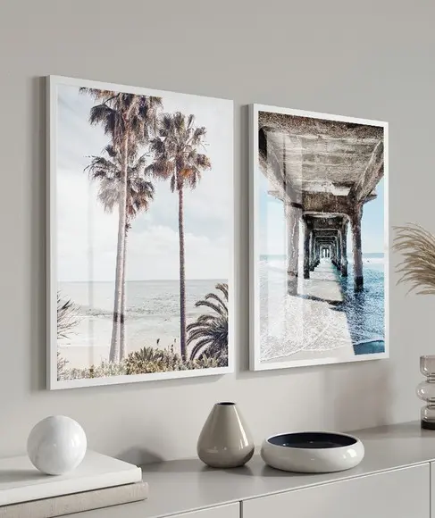 Kit 2 Quadros Decorativos Praia Mar Paisagem Moldura E Vidro