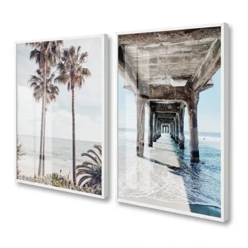 Kit 2 Quadros Decorativos Praia Mar Paisagem Moldura E Vidro