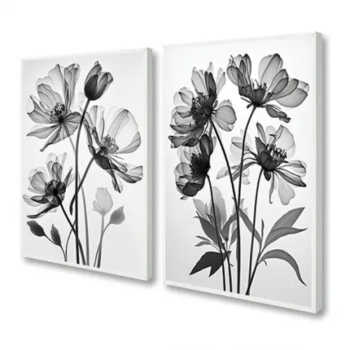 Kit 2 Quadros Decorativos Preto e Branco Flores com Moldura