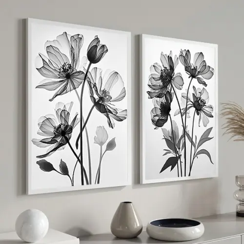 Kit 2 Quadros Decorativos Preto e Branco Flores com Moldura