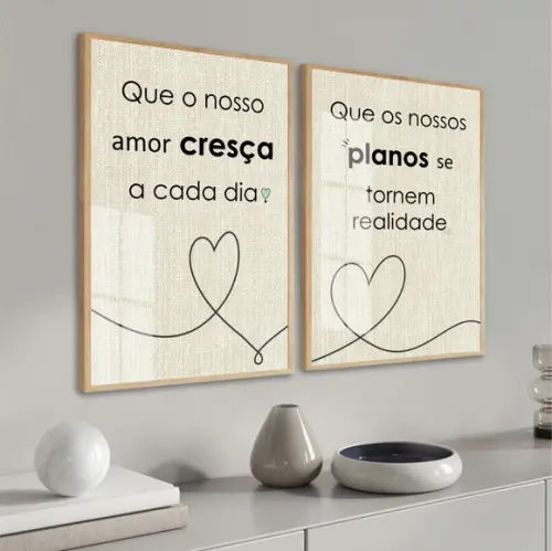 Kit 2 Quadros Decorativos Quarto Casal Frases Moldura Vidro