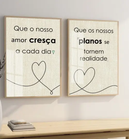 Kit 2 Quadros Decorativos Quarto Casal Frases Moldura Vidro