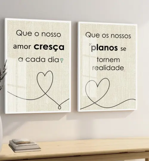 Kit 2 Quadros Decorativos Quarto Frases Casal Moldura Vidro