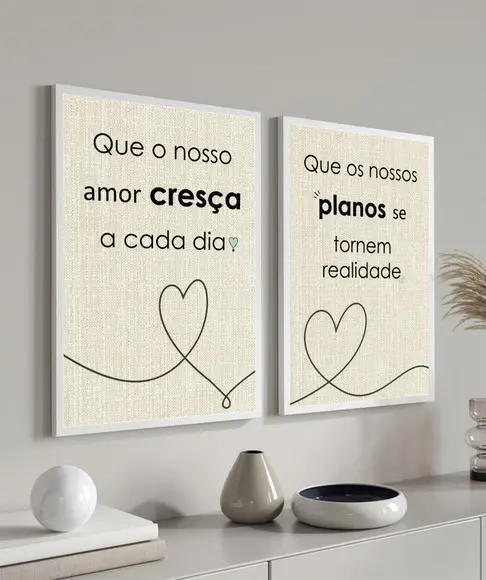 Kit 2 Quadros Decorativos Quarto Frases Casal Moldura Vidro