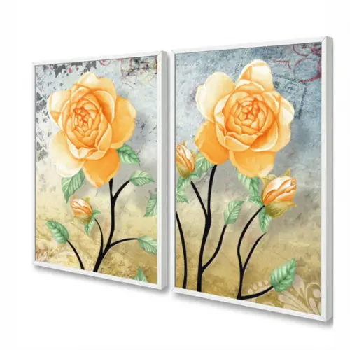 Kit 2 Quadros Decorativos Rosas Amarelas Flores Com Moldura