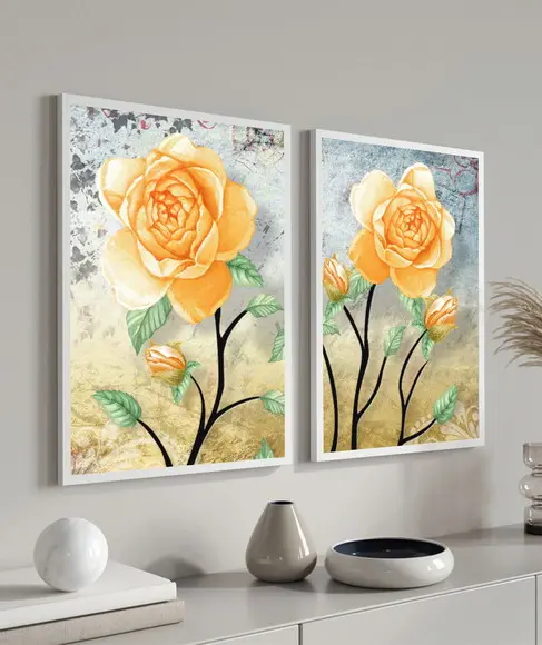 Kit 2 Quadros Decorativos Rosas Amarelas Flores Com Moldura