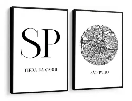 Kit 2 Quadros Decorativos São Paulo Cidade Mapa Com Moldura