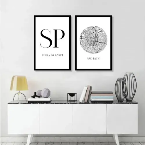 Kit 2 Quadros Decorativos São Paulo Cidade Mapa Com Moldura