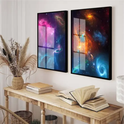 Kit 2 Quadros Decorativos Universo Planetas Moldura e Vidro
