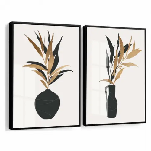 Kit 2 Quadros Decorativos Vaso De Flores Com Moldura e Vidro