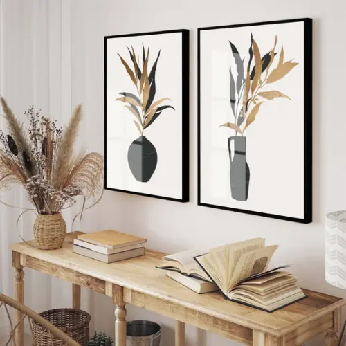 Kit 2 Quadros Decorativos Vaso De Flores Com Moldura e Vidro
