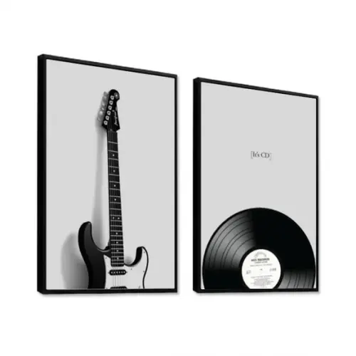 Kit 2 Quadros Disco Guitarra Som Decoração Vintage Molduras