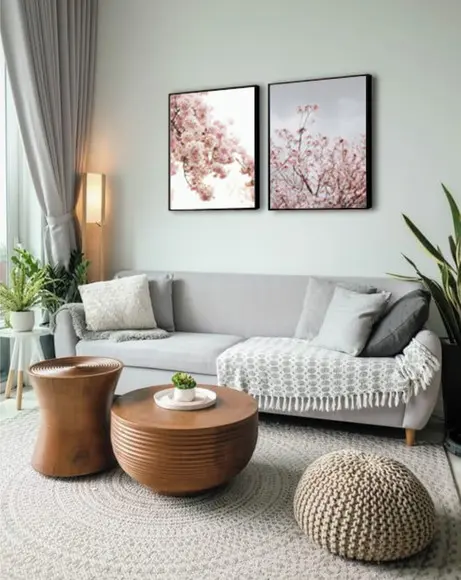 Kit 2 Quadros Flores Cerejeira Folhagem Decoração Molduras