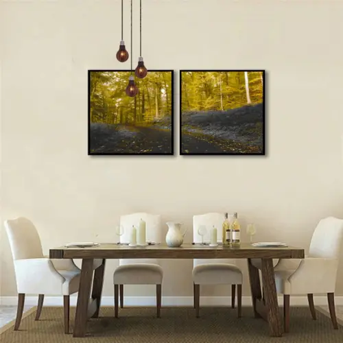 Kit 2 Quadros Florestas Amarela Folhagem Decoração Molduras