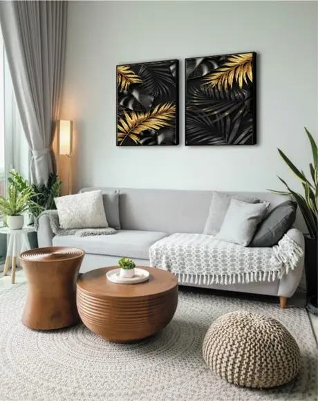 Kit 2 Quadros Folhagem Dourado Gold Decoração Com Molduras