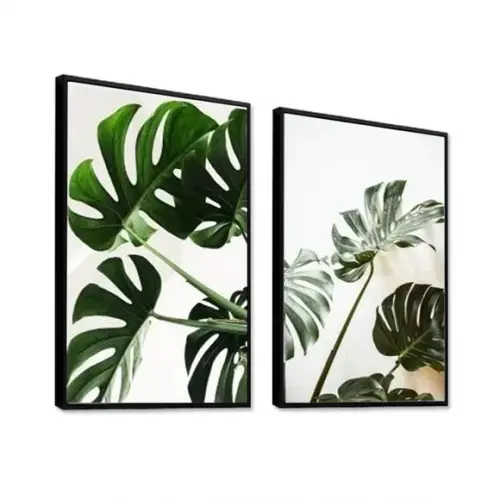 Kit 2 Quadros Folhagem Verde Decoração Conjunto Com Moldura