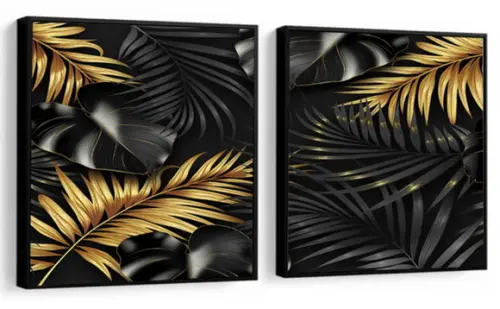 Kit 2 Quadros Folhagem Dourado Gold Decoração Com Molduras