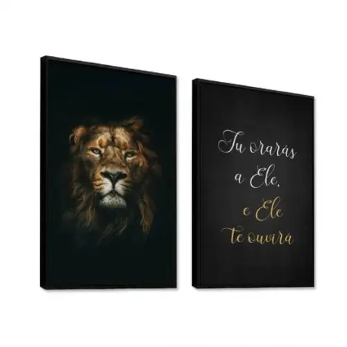 Kit 2 Quadros Leão Oração Frases Decoração Conjunto Molduras