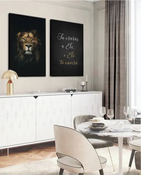 Kit 2 Quadros Leão Oração Frases Decoração Conjunto Molduras