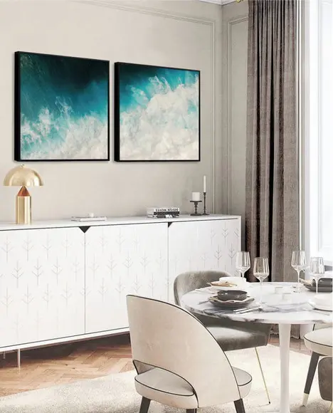 Kit 2 Quadros Mar Azul Oceano Decoração Conjunto Com Moldura
