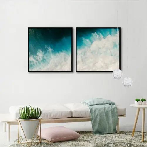 Kit 2 Quadros Mar Azul Oceano Decoração Conjunto Com Moldura