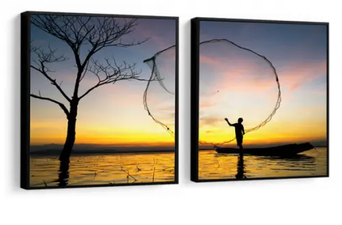 Kit 2 Quadros Paisagem Pescador Pôr Do Sol Decoração Moldura