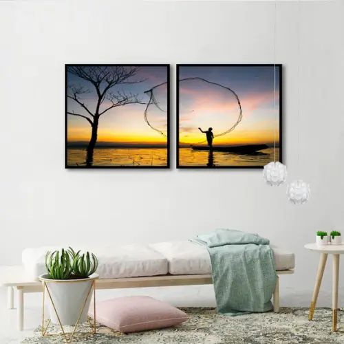 Kit 2 Quadros Paisagem Pescador Pôr Do Sol Decoração Moldura