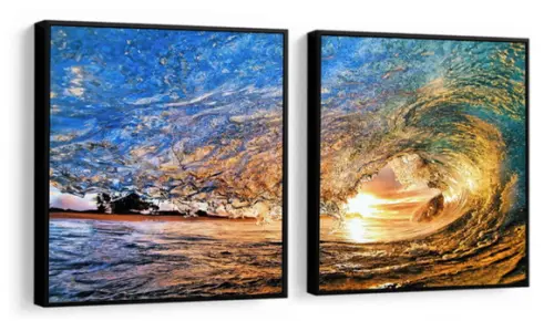 Kit 2 Quadros Praia Onda Mar Surf Decoração Paisagem Moldura