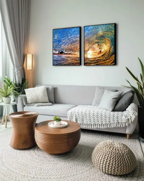 Kit 2 Quadros Praia Onda Mar Surf Decoração Paisagem Moldura